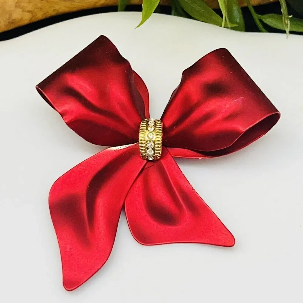 Vintage RED Metalic Satin Bow Ribbon Brooch Pin Crystal Accent Large Matte 1426